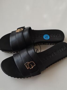 Karl Lagerfeld Black Slide Clogs with Gold Emblem.